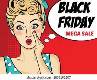 Black friday banner with pin-up girl. Retro style. Vector