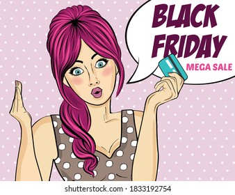 Black friday banner with pin-up girl. Retro style. Vector