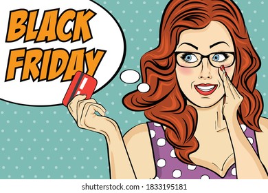 Black friday banner with pin-up girl. Retro style. Vector