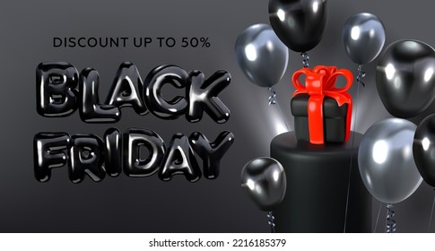 Black Friday. Banner with a podium for whom there is a gift and growing balloons. Discount or sale. Vector graphics