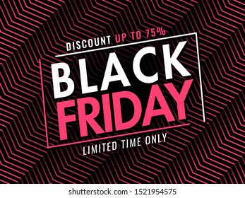 Black Friday banner or poster design with 75% discount offer on diagonal striped abstract background.