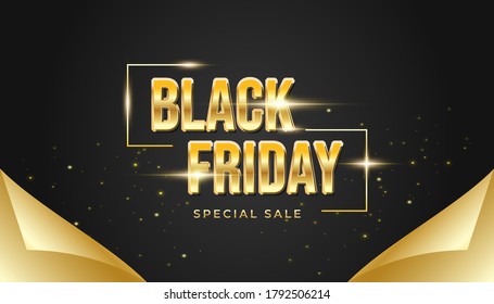 Black Friday Banner oder Poster mit offenem Verpackungspapierkonzept in Schwarz und Gold