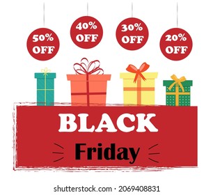 Black Friday banner with presents and discount tags, Black Friday concept, flat vector illustration