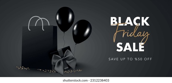 Black Friday banner. Realistic 3d black shopping bag, gift box and balloons on black background. Vector template for Christmas, New Year, discount, promo, voucher, website, social media, brochure, ad