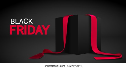 Black Friday banner. Realistic black box with red ribbon isolated on dark background. Vector.