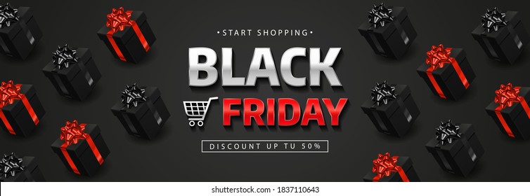 Black Friday banner with realistic black gift boxes. Vector illustration