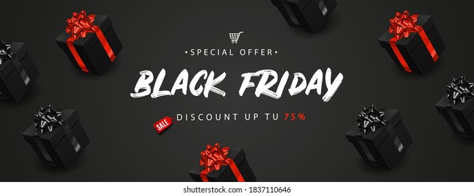 Black Friday banner with realistic black gift boxes. Vector illustration