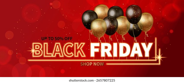 Black Friday banner, red background with black balloons