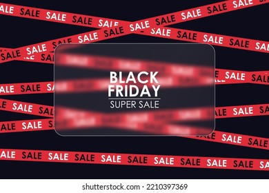 Black friday banner with red crossed ribbons and transparent glass plate with glassmorphism effect. Design for black friday with rectangle glass with text and crossed sale ribbons and stripes. Vector.