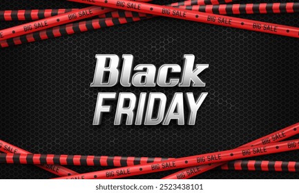 Black Friday banner with red tape ribbons. Promotion sale poster. Vector illustration.
