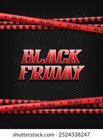 Black Friday banner with red tape ribbons. Promotion sale poster. Vector illustration.