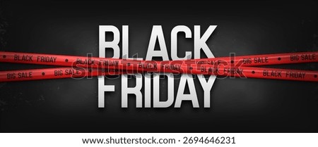 Black Friday banner with red tape ribbons. Promotion sale poster. Marketing advertisement concept. Vector illustration.