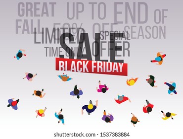 Black friday banner for retail promotions. Top view people walking at sale event. Vector illustration.