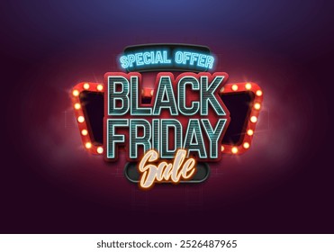 Black Friday banner with retro neon lighting. Promotion sale poster. Vector illustration.