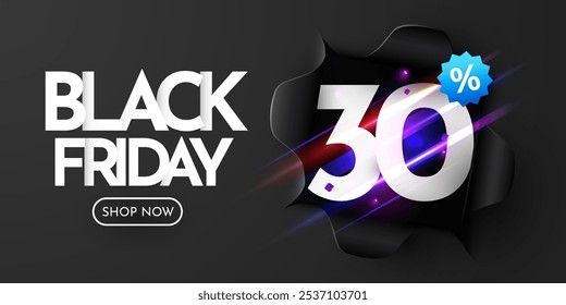 Black Friday Banner. Black ripped paper. 30 Percent Off. Vector illustration.
