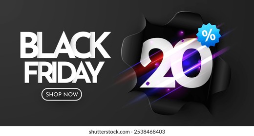 Black Friday Banner. Black ripped paper. 20 Percent Off. Vector illustration.
