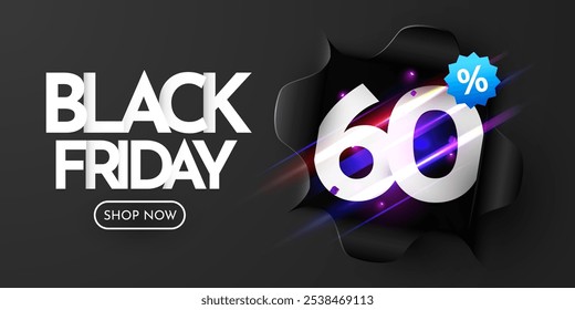 Banner Black Friday. Papel preto rasgado. 60% De Desconto. Ilustração vetorial.