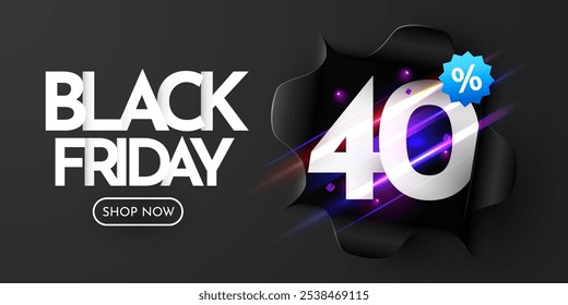 Banner Black Friday. Papel preto rasgado. 40% De Desconto. Ilustração vetorial.