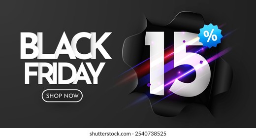 Banner Black Friday. Papel preto rasgado. 15% De Desconto. Ilustração vetorial.