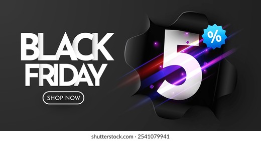 Banner Black Friday. Papel preto rasgado. 5% De Desconto. Ilustração vetorial.