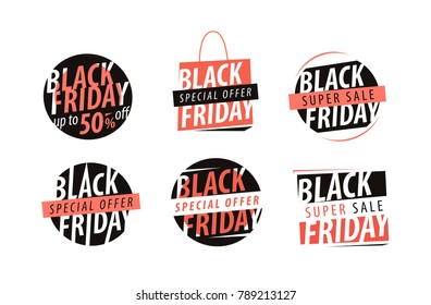 Black Friday, banner. Sale, closeout, shopping emblem or label. Set of icons vector illustration