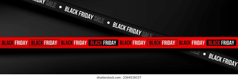 Black Friday banner sale design with tape ribbon Red and Black on black background. Vector illustration.