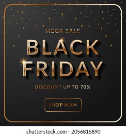 black friday banner sale with golden text in black background with gold bow ribbon