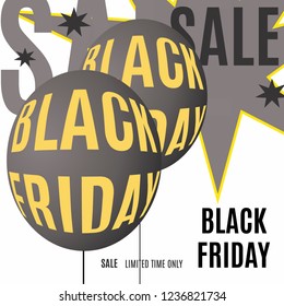 Black friday banner for sales. Poster with dark balloons,gray stars and yellow text. Vector illustration.