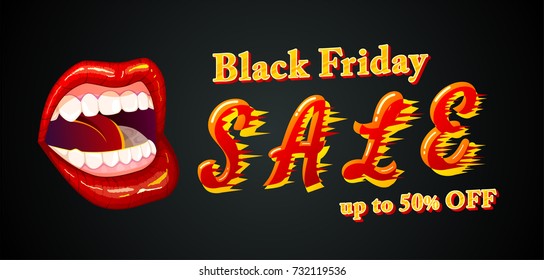 Black Friday banner with screaming woman mouth for sale and discount