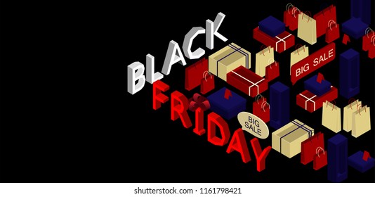 Black Friday banner. Season sale banner on a black background. Isometric 3d