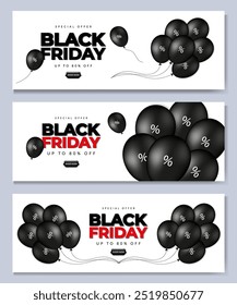 Black Friday banner set with black baloon. Design template for shopping sale, promo poster, web and social media. Vector illustration