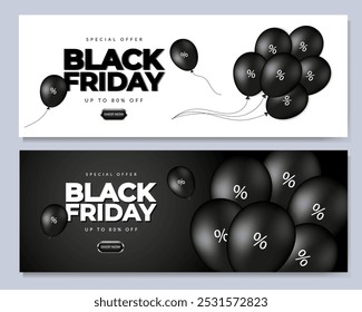 Black Friday banner set with black baloon. Design template for shopping sale, promo poster, web and social media. Vector illustration