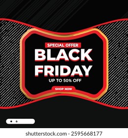 Black Friday banner with a shopping cart full of gift boxes. Black and premium background. Sale campaign. Black Friday concept.