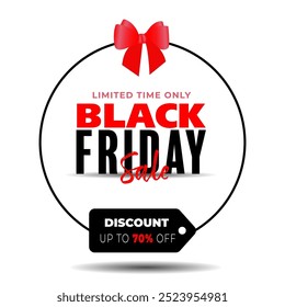 Black Friday banner for social networks. Inscription Black Friday, sale, 70% discount in a circle. The top is decorated with a red bow. Design on white background