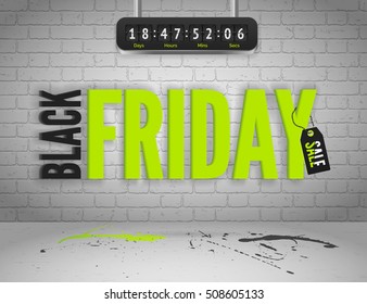 Black Friday banner with splashes of ink and shoppping tag and countdown timer