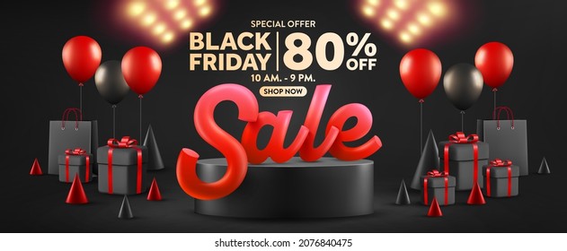 Black Friday banner with spotlight and Sale text over on product podium.Black gift box and shopping bag on black background.Black friday day sales banner template design for social media and website