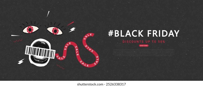 Black Friday Banner mit surrealen Augen, Barcode Mund, Zunge. Kreative Collage, Papier Mode Verkauf Design.Y2K moderne Vorlage für Banner, Poster, Werbematerial Design. Vektorgrafik