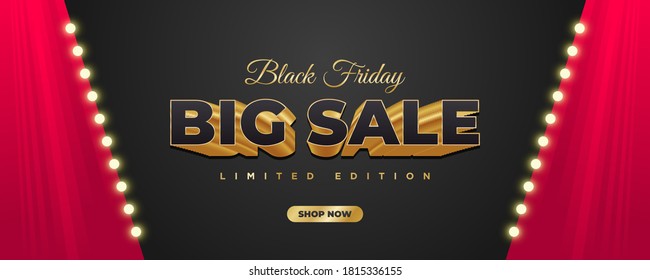 Black Friday banner template with 3d black and gold text and glowing lights