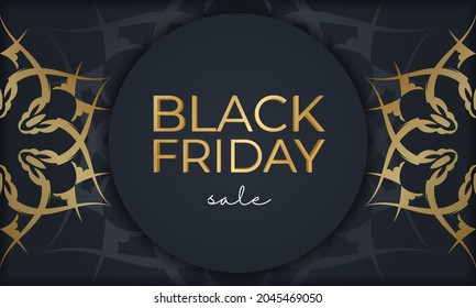 Black friday banner template in dark blue with greek gold ornaments