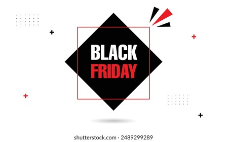 Diseño de Plantilla de Anuncio Black Friday con fondo blanco y Formas negras y rojas, perfecto para promociones de ventas, descuentos y ofertas especiales