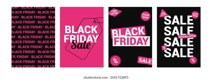 Design de modelo de banner Black Friday. Super venda. Oferta de tempo. Oferta especial. Rosa e preto. Promoções de férias e descontos. Ilustração vetorial.