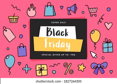 Black friday banner template with doodle elements, vector illustration