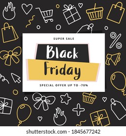 Black friday banner template with doodle elements, vector illustration