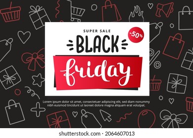 Black friday banner template with doodle elements, vector illustration