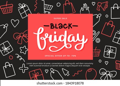 Black friday banner template with lettering and doodle elements, vector illustration