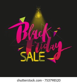 Black Friday banner template. Black Friday lettering on dark background lighted by a light bulb. Sale template with geometric shapes. Design with black Friday words for poster, cards or banners.
