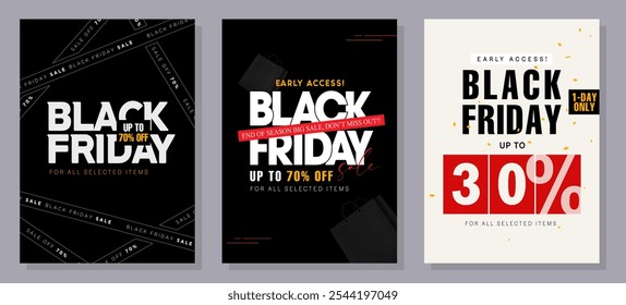 Modelo de banner Black Friday. Conjunto de modelos de design para venda, promoção, publicidade ou anúncio de mídia social Black Friday com um balão vermelho, estrelas e uma oferta de desconto.