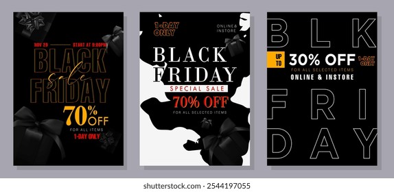 Modelo de banner Black Friday. Conjunto de modelos de design para venda, promoção, publicidade ou anúncio de mídia social Black Friday com um balão vermelho, estrelas e uma oferta de desconto.