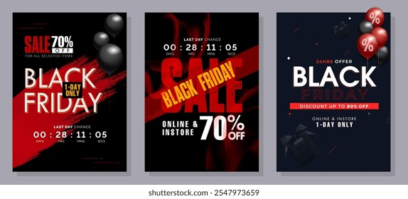 Plantilla de Anuncio del Viernes Negro. Conjunto de Plantillas de diseño para una venta de Black Friday, promoción, publicidad o anuncio de redes sociales con un globo rojo, estrellas y una oferta de descuento.