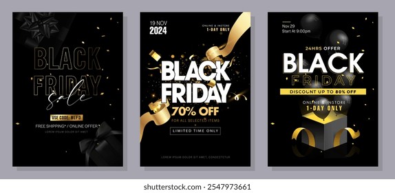 Plantilla de Anuncio del Viernes Negro. Conjunto de Plantillas de diseño para una venta de Black Friday, promoción, publicidad o anuncio de redes sociales con un globo rojo, estrellas y una oferta de descuento.